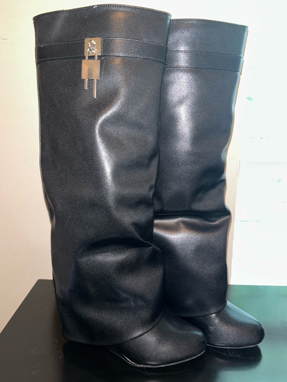 Black Tall Leather-Look Knee Boots with Toplock Accent